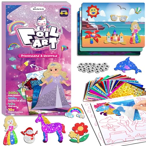 Baobrava Foil Art Fun Kit for Kids – Princess, Unicorn, Mermaid, Castle Crafts, No Mess Activity for Ages 4-8