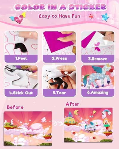 Baobrava Foil Art Fun Kit for Kids – Princess, Unicorn, Mermaid, Castle Crafts, No Mess Activity for Ages 4-8