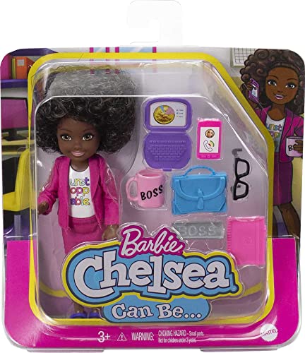 Barbie Chelsea Can Be Anything Brunette Boss Doll with Curly Hair and 7 Career Accessories