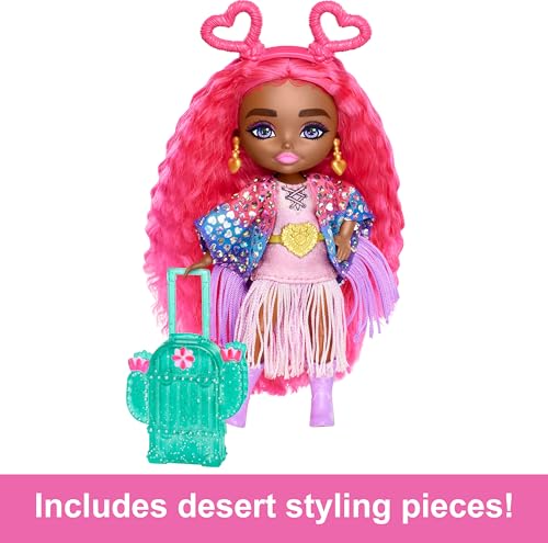 Barbie Extra Fly Minis Travel Doll - Desert Festival Look with Magenta Hair, Fringe Jacket & Accessories, 5.5-inch
