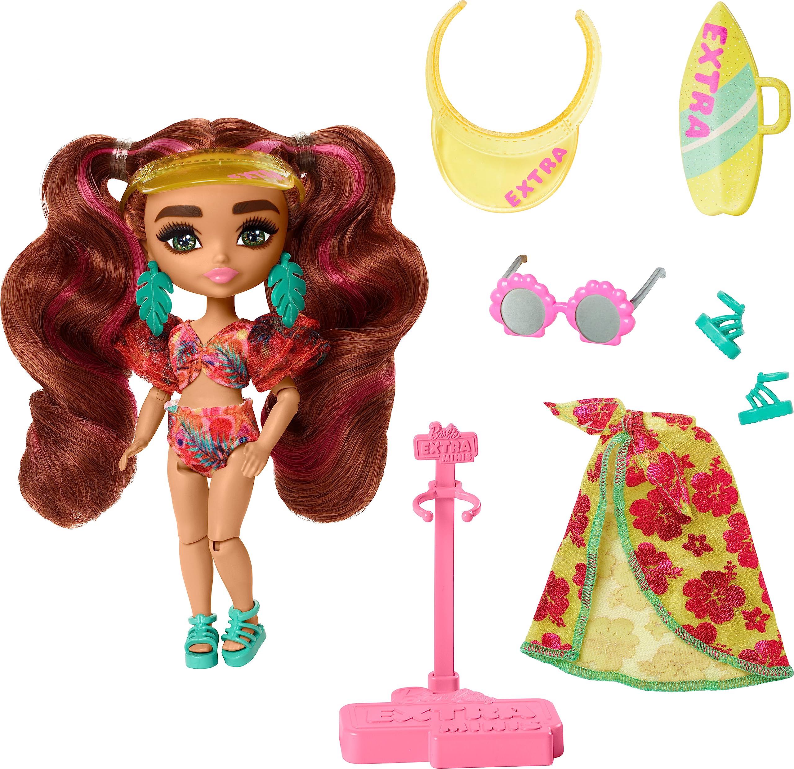 Barbie Extra Fly Minis Travel Doll Beach Look with Pink-Streaked Pigtails, Swimsuit, Sarong & Accessories
