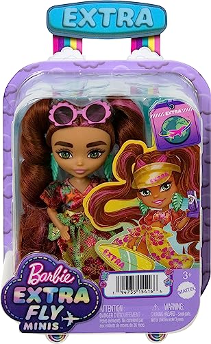 Barbie Extra Fly Minis Travel Doll Beach Look with Pink-Streaked Pigtails, Swimsuit, Sarong & Accessories