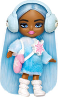 Barbie Extra Mini Minis Winter Travel Doll with Blue Hair, Ombre Sweater Dress, Earmuffs & Snow Accessories, 3.25-Inch