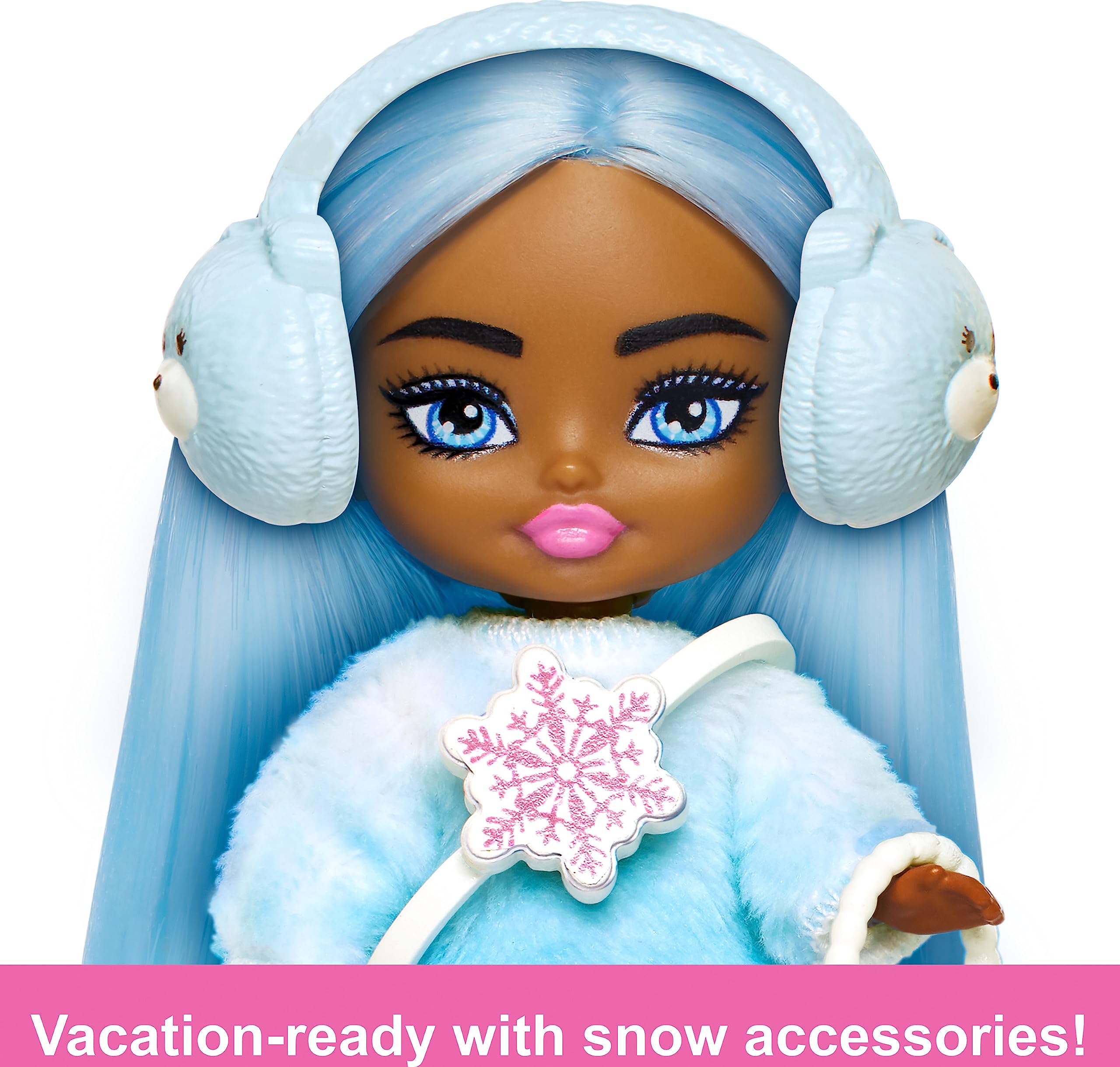 Barbie Extra Mini Minis Winter Travel Doll with Blue Hair, Ombre Sweater Dress, Earmuffs & Snow Accessories, 3.25-Inch