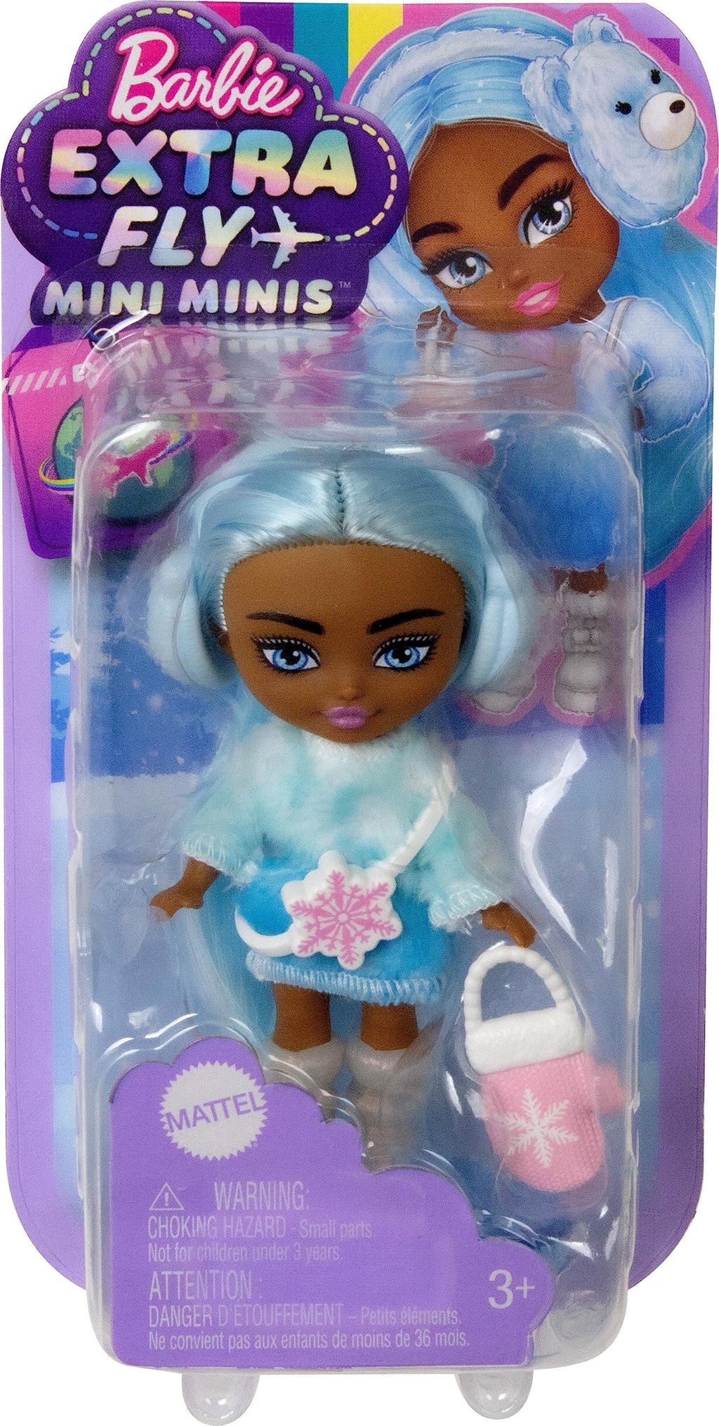 Barbie Extra Mini Minis Winter Travel Doll with Blue Hair, Ombre Sweater Dress, Earmuffs & Snow Accessories, 3.25-Inch