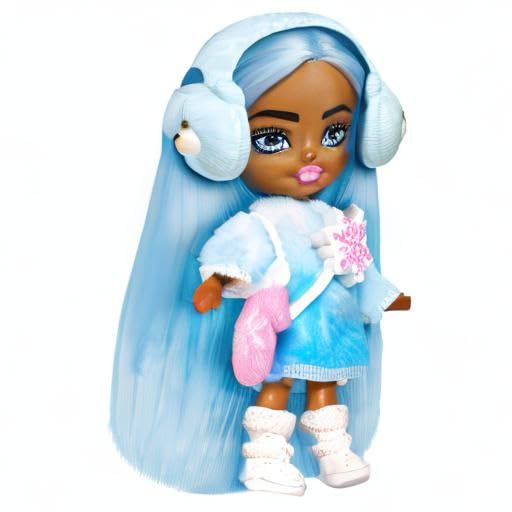 Barbie Extra Mini Minis Winter Travel Doll with Blue Hair, Ombre Sweater Dress, Earmuffs & Snow Accessories, 3.25-Inch