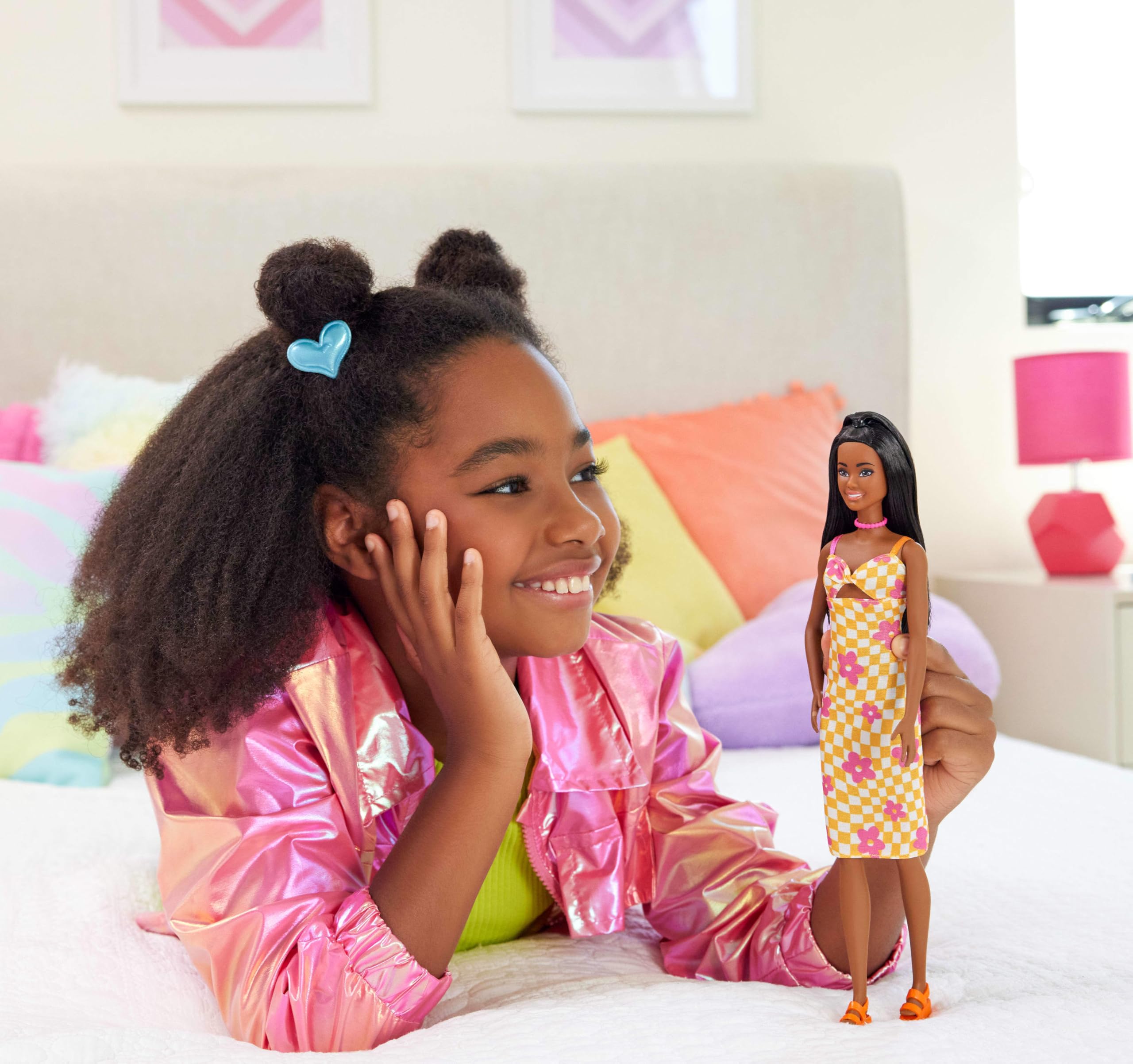 Barbie Fashionistas Doll #233 – Tall Black Hair in Checkered Midi Dress with Accessories