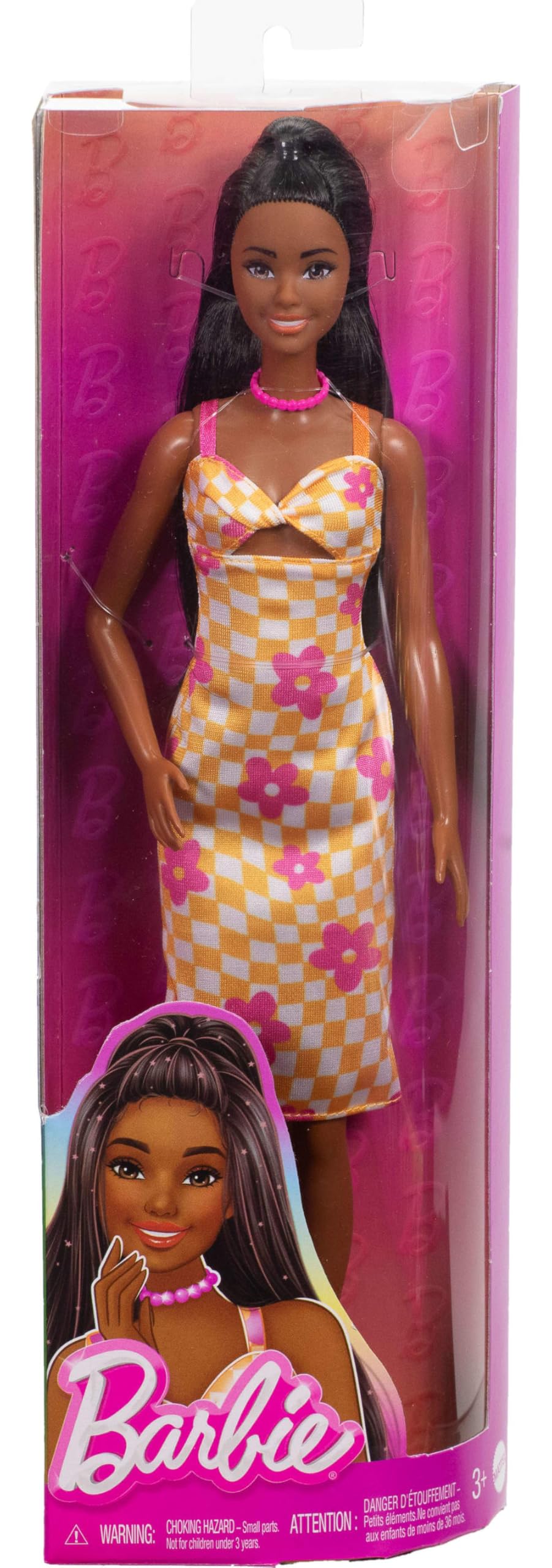 Barbie Fashionistas Doll #233 – Tall Black Hair in Checkered Midi Dress with Accessories