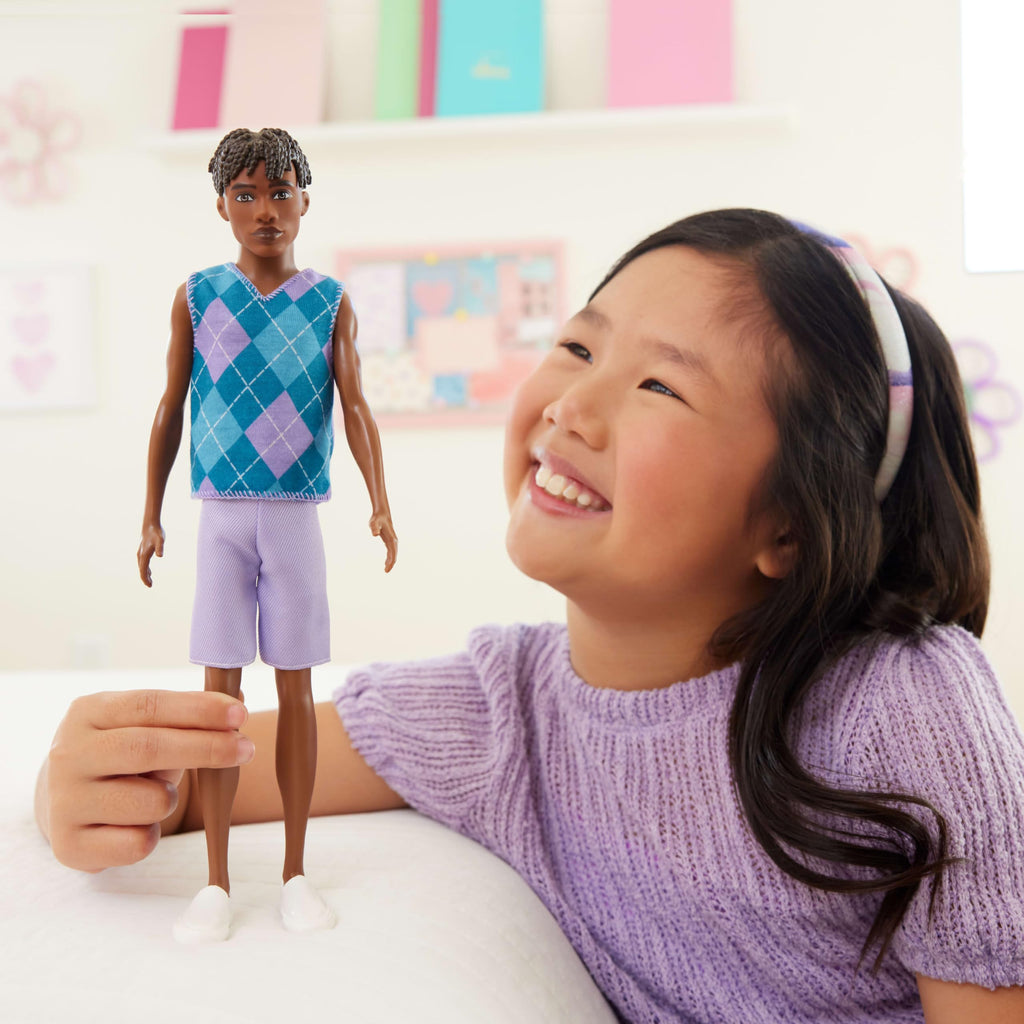 Barbie Fashionistas Ken Doll #253 with Lavender Argyle Outfit and Twisted Brown Hair