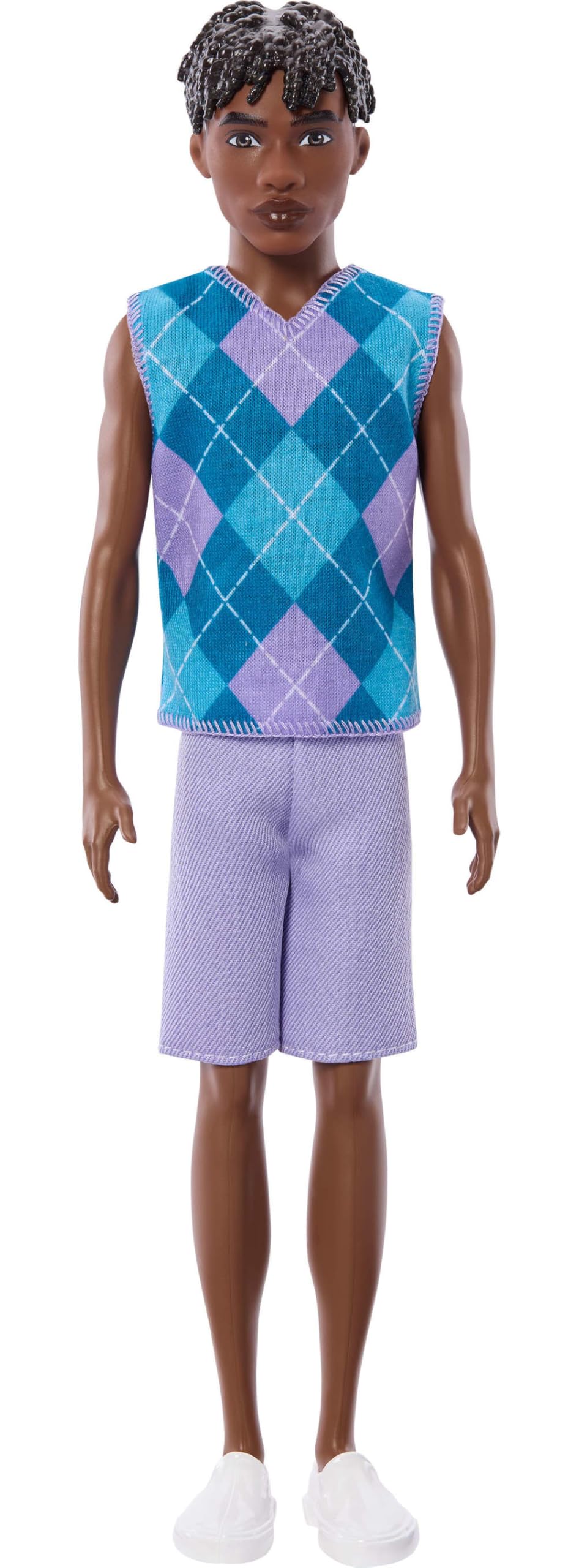 Barbie Fashionistas Ken Doll #253 with Lavender Argyle Outfit and Twisted Brown Hair