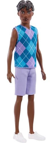 Barbie Fashionistas Ken Doll #253 with Lavender Argyle Outfit and Twisted Brown Hair