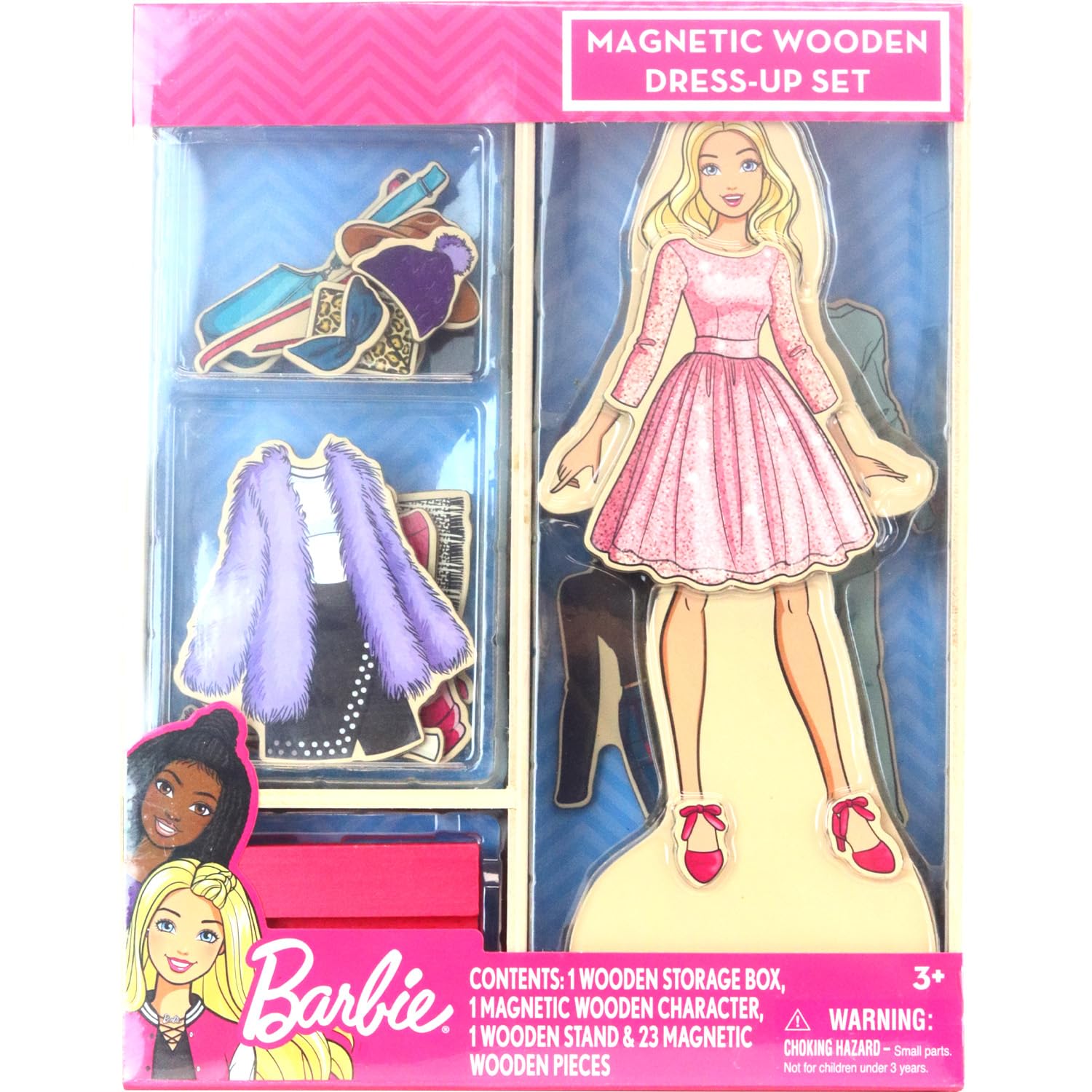 Barbie Magnetic Wooden Dress Up Toy – 26-Piece Mix & Match Set with Storage Box, Ages 3+