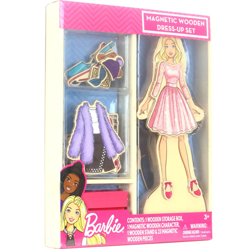 Barbie Magnetic Wooden Dress Up Toy – 26-Piece Mix & Match Set with Storage Box, Ages 3+