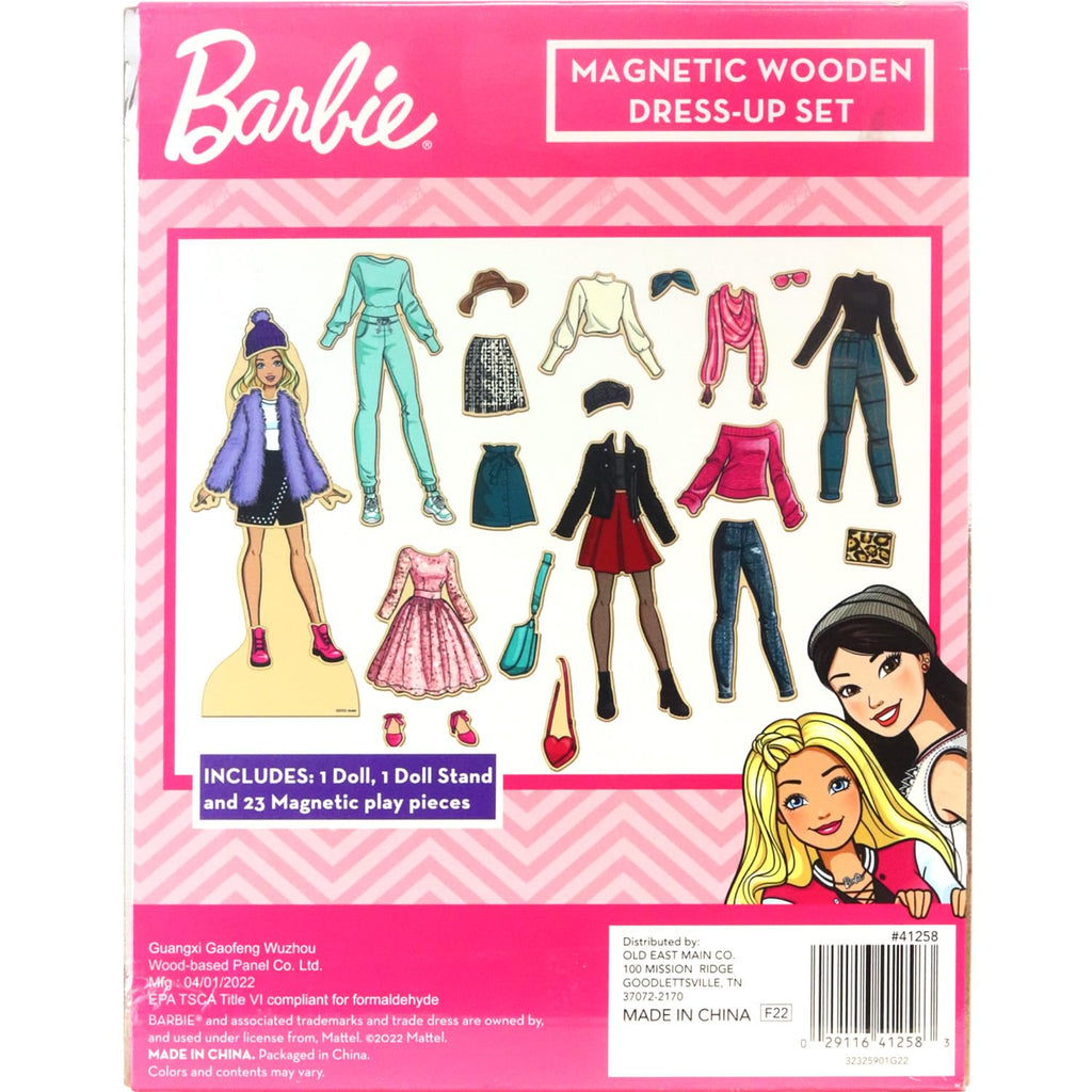 Barbie Magnetic Wooden Dress Up Toy – 26-Piece Mix & Match Set with Storage Box, Ages 3+