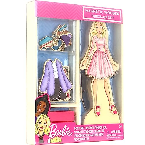 Barbie Magnetic Wooden Dress Up Toy – 26-Piece Mix & Match Set with Storage Box, Ages 3+