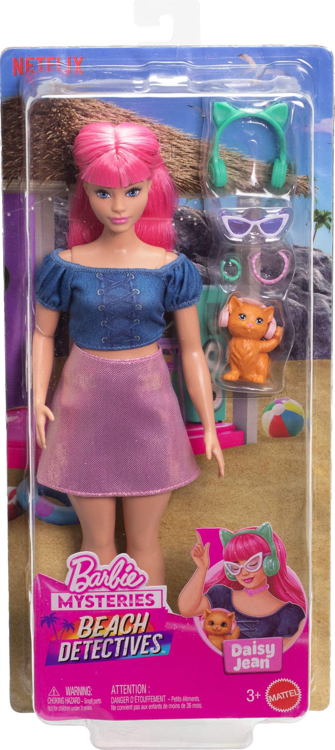 Barbie Mysteries: Beach Detectives Daisy Doll with Removable Outfit, Accessories, and Pet Kitten