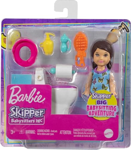 Barbie Skipper Babysitters Inc. Playset: Brunette Doll in Butterfly Dress with Potty & Bathroom Toys