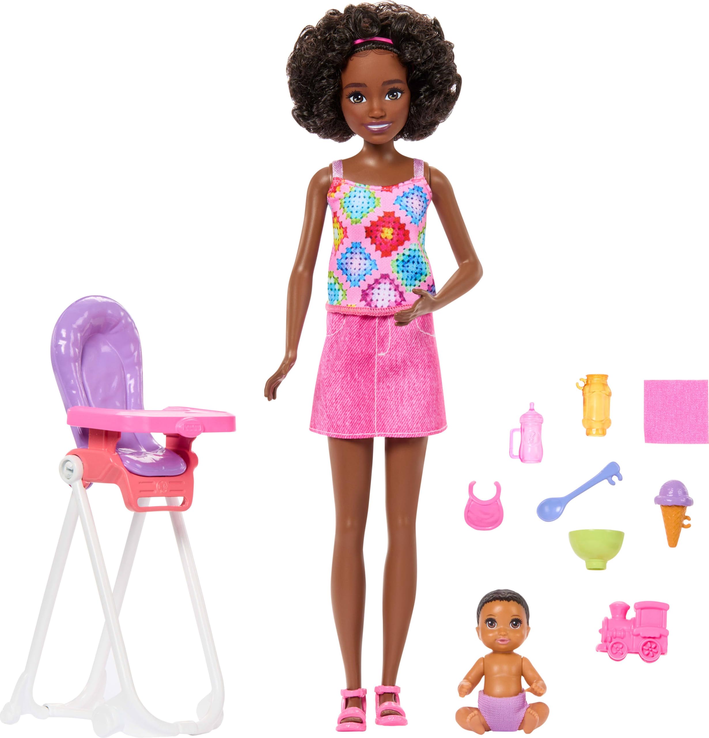 Barbie Skipper Babysitters Inc. Playset with Brunette Doll, Toddler Doll, High Chair & 8 Accessories