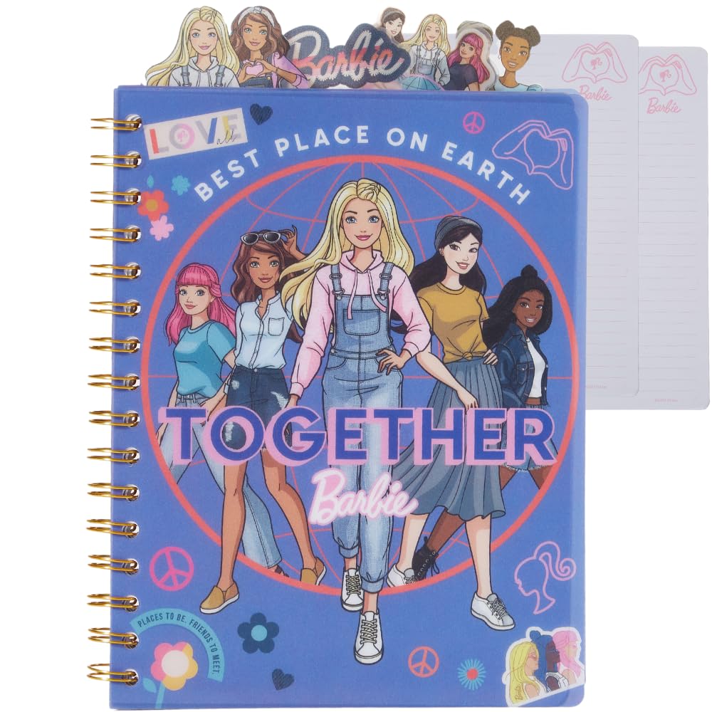 Barbie Tab Journal Notebook – Spiral Bound, 96 Lined Pages, 8x7 Inches, Purple Vinyl Cover with Tab Dividers