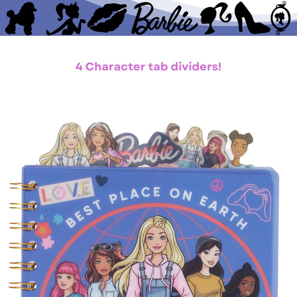 Barbie Tab Journal Notebook – Spiral Bound, 96 Lined Pages, 8x7 Inches, Purple Vinyl Cover with Tab Dividers
