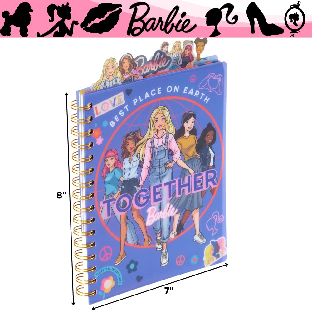 Barbie Tab Journal Notebook – Spiral Bound, 96 Lined Pages, 8x7 Inches, Purple Vinyl Cover with Tab Dividers