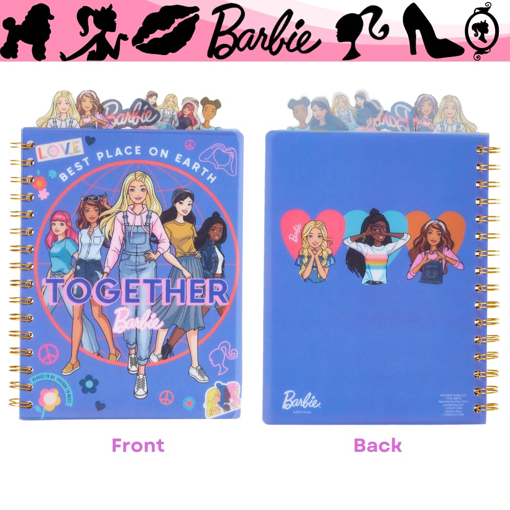 Barbie Tab Journal Notebook – Spiral Bound, 96 Lined Pages, 8x7 Inches, Purple Vinyl Cover with Tab Dividers
