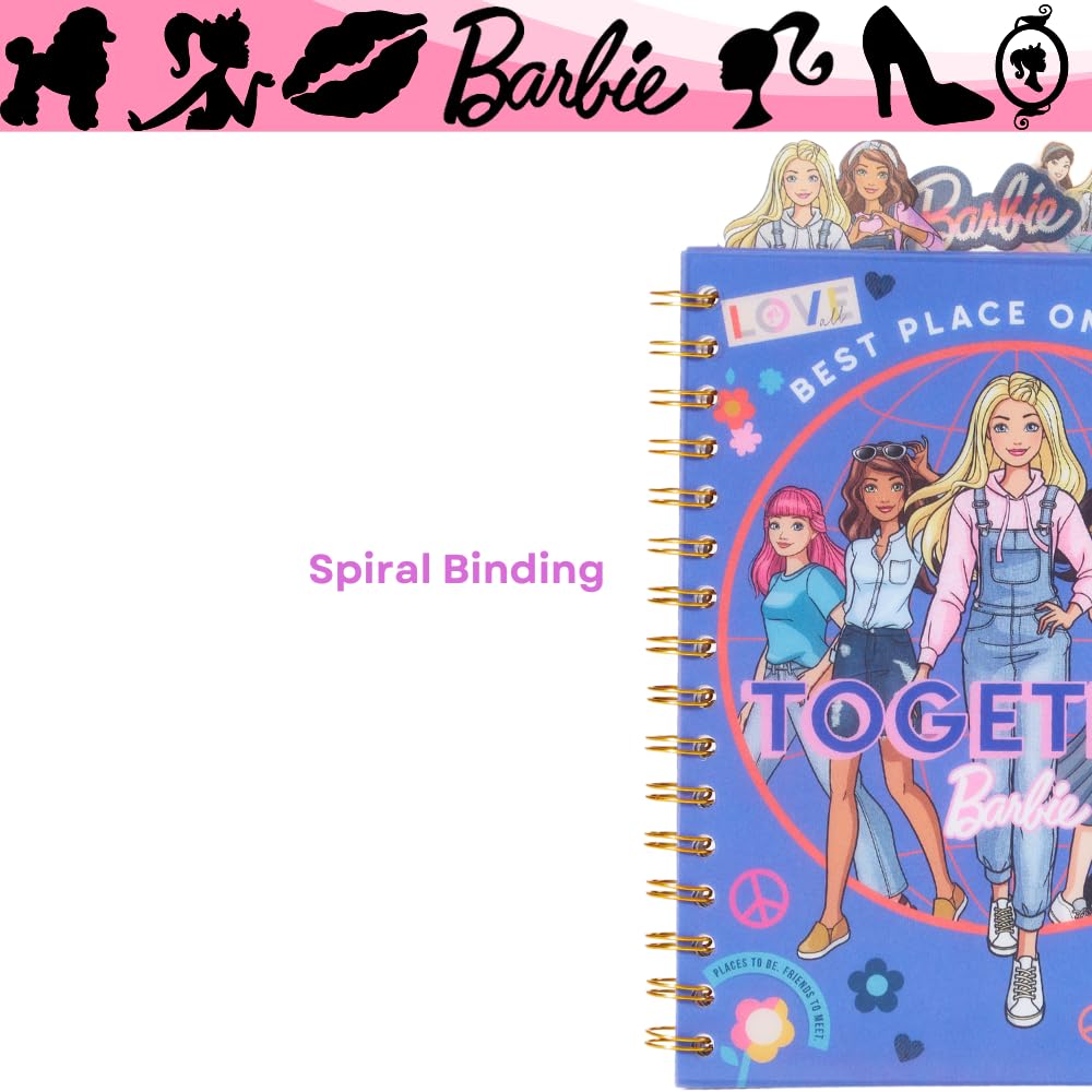 Barbie Tab Journal Notebook – Spiral Bound, 96 Lined Pages, 8x7 Inches, Purple Vinyl Cover with Tab Dividers