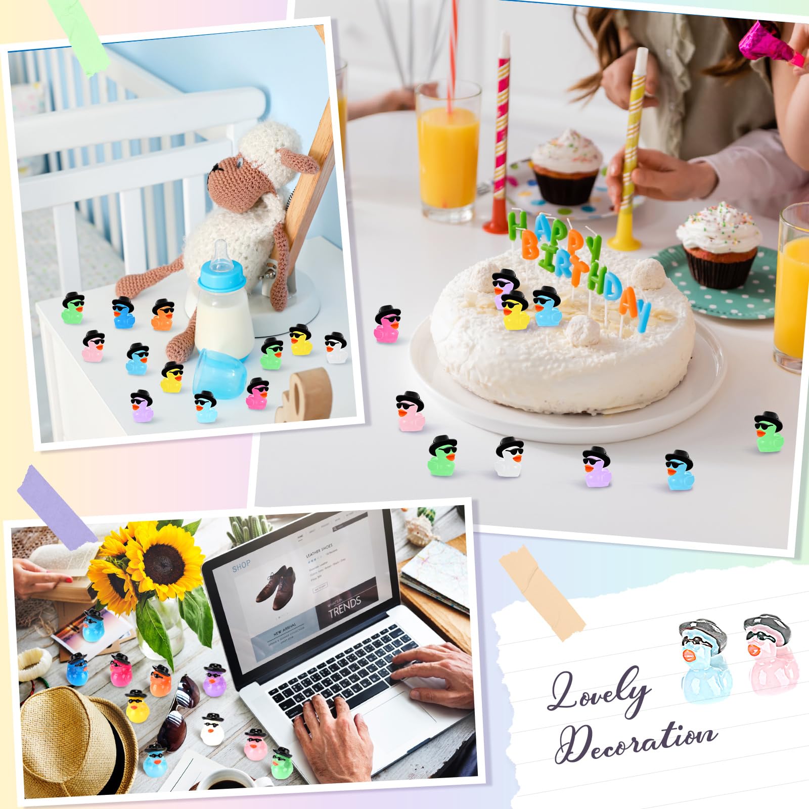 Barydat 200 Pack Mini Resin Cowboy Ducks with Hats and Sunglasses - Bulk Tiny Duck Figurines for Party Favors, DIY Crafts, Dollhouse Decor