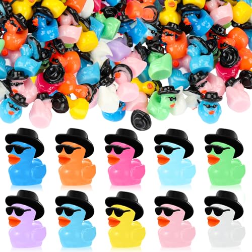Barydat 200 Pack Mini Resin Cowboy Ducks with Hats and Sunglasses - Bulk Tiny Duck Figurines for Party Favors, DIY Crafts, Dollhouse Decor