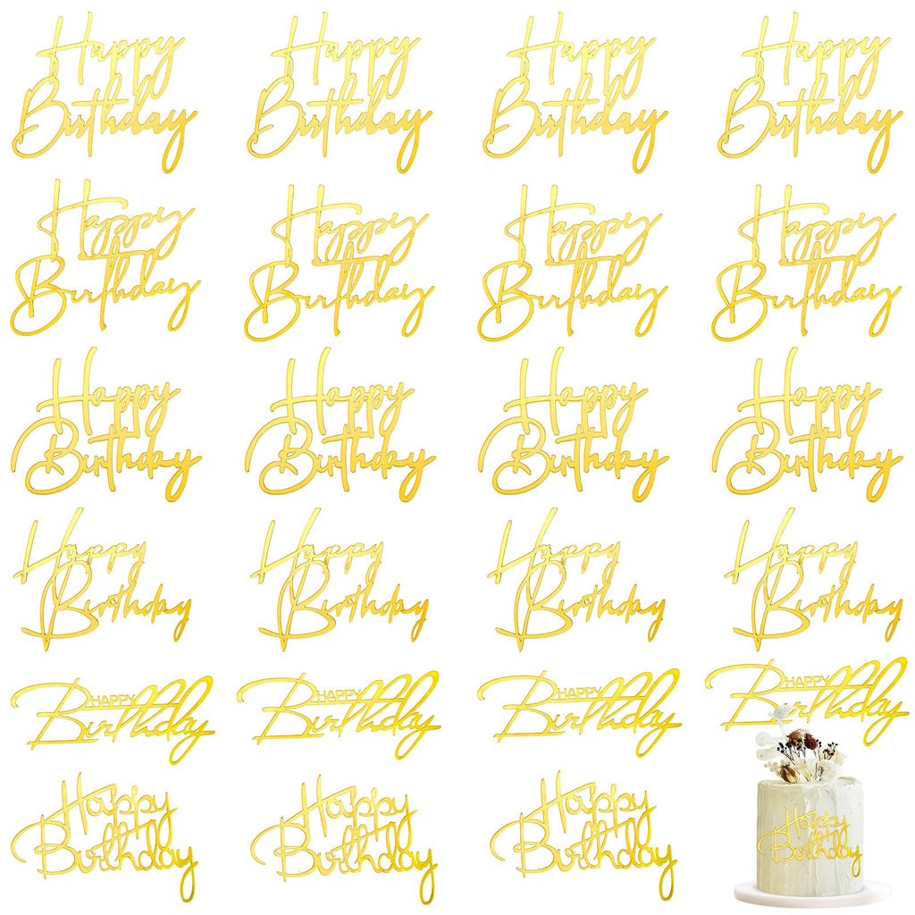 Barydat 24-Piece Gold Acrylic Happy Birthday Cake Toppers - 6 Styles Mirror Cupcake Decorations