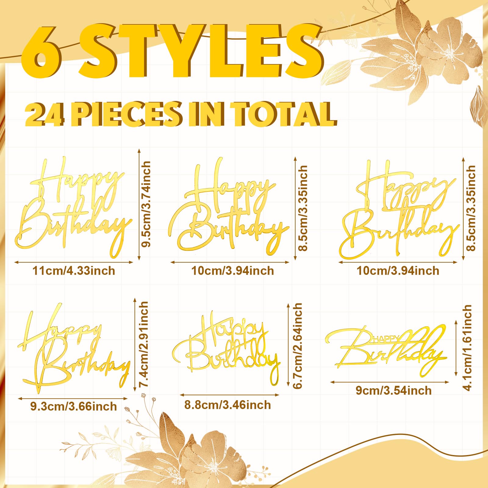 Barydat 24-Piece Gold Acrylic Happy Birthday Cake Toppers - 6 Styles Mirror Cupcake Decorations