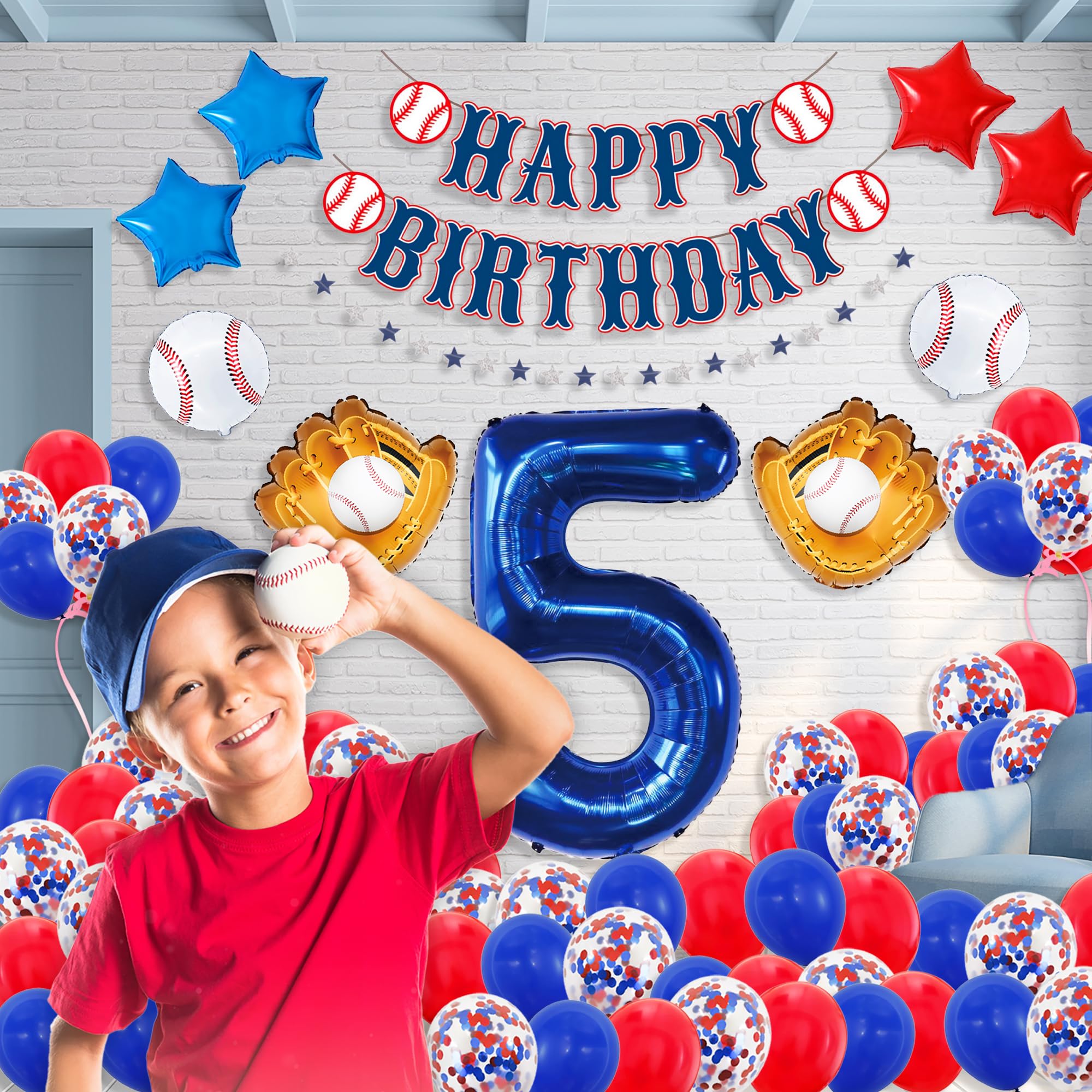 Baseball Birthday Decorations – 82PCS Party Set with 40" Number 11 Jumbo Balloon, Banner, Glove & Ball Balloons, Red, Blue & Confetti Latex, Star Foil Balloons