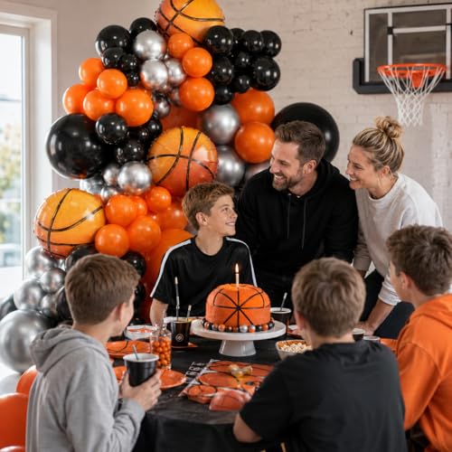 Basketball Balloon Garland Kit – Orange, Black, Silver Metallic Latex & Foil Balloons for Sports Party Decor
