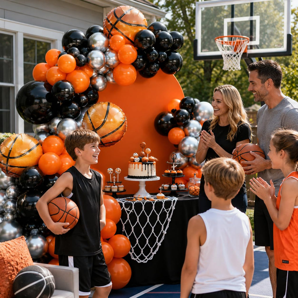 Basketball Balloon Garland Kit – Orange, Black, Silver Metallic Latex & Foil Balloons for Sports Party Decor