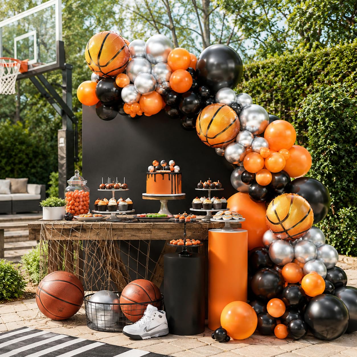 Basketball Balloon Garland Kit – Orange, Black, Silver Metallic Latex & Foil Balloons for Sports Party Decor