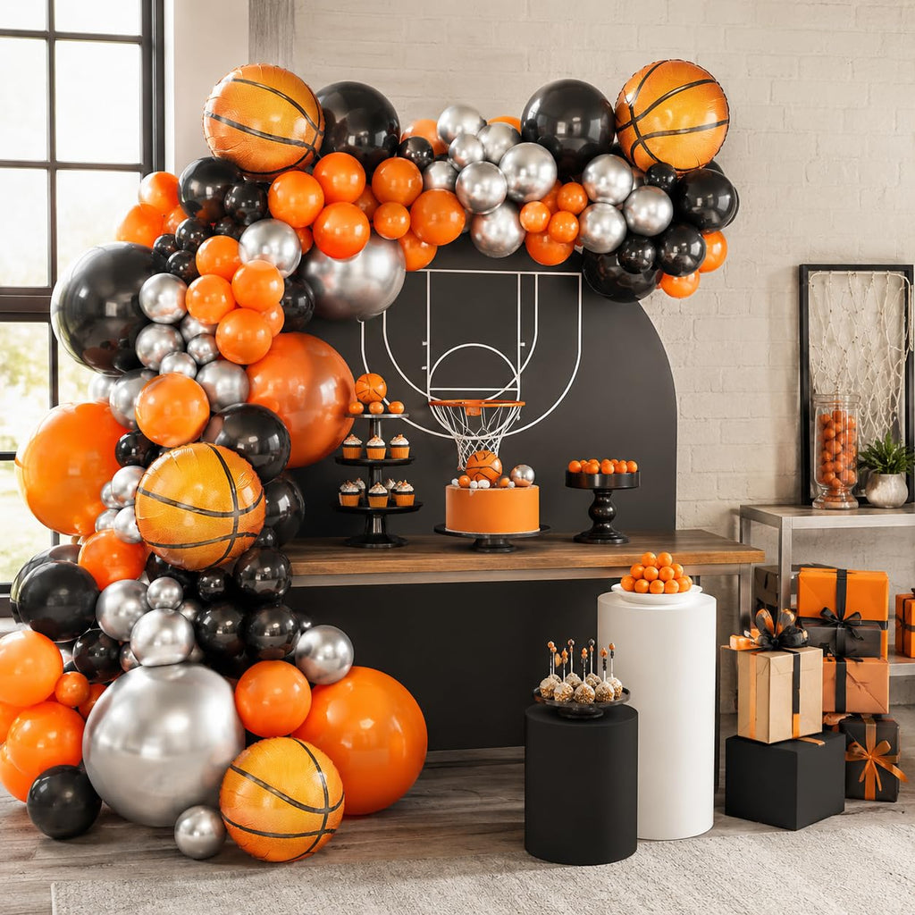Basketball Balloon Garland Kit – Orange, Black, Silver Metallic Latex & Foil Balloons for Sports Party Decor