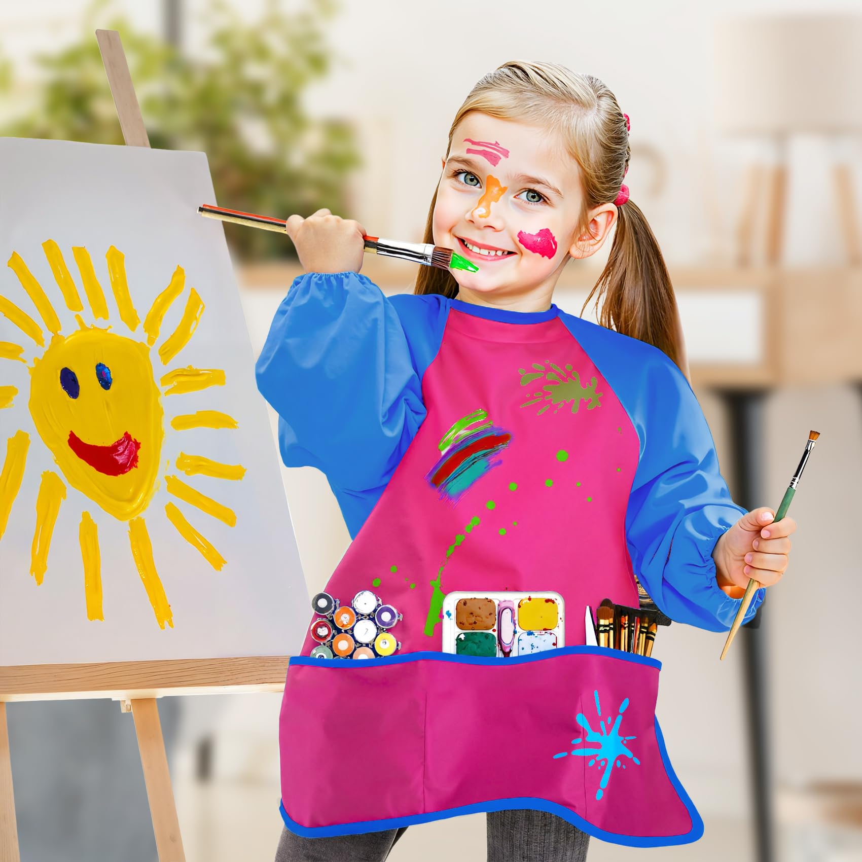 Bassion Kids Art Smock – Waterproof Toddler Painting Apron for Ages 2-6, Three Pockets, Velcro Back, Machine Washable