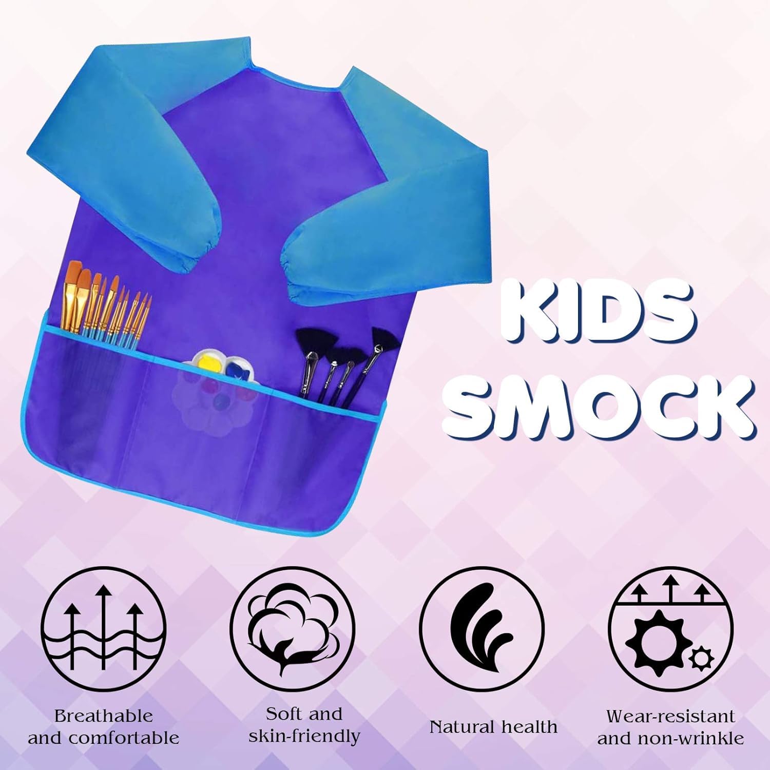 Bassion Kids Art Smock – Waterproof Toddler Painting Apron for Ages 2-6, Three Pockets, Velcro Back, Machine Washable