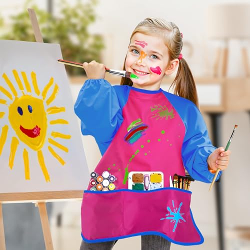 Bassion Kids Art Smock – Waterproof Toddler Painting Apron for Ages 2-6, Three Pockets, Velcro Back, Machine Washable