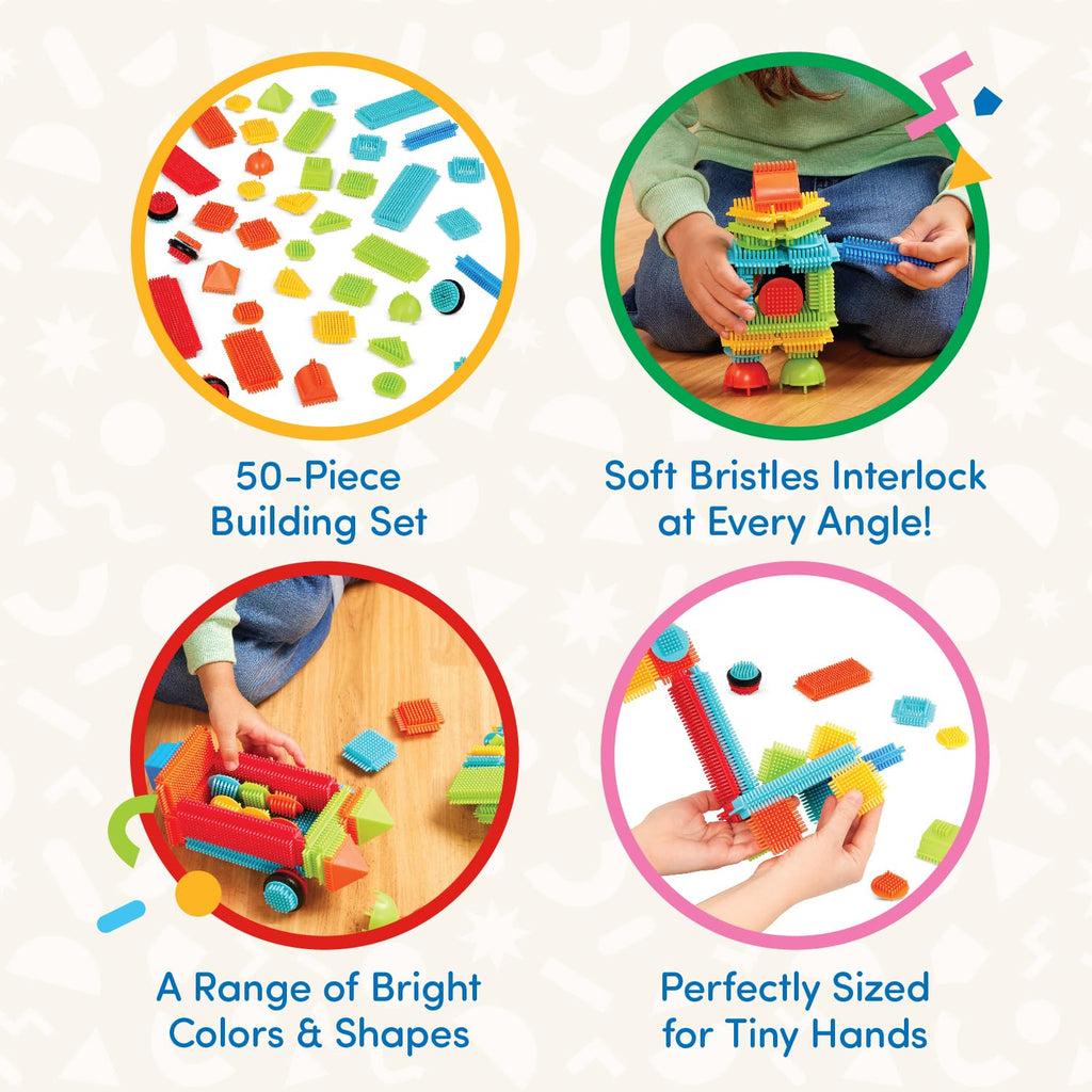 Battat Bristle Blocks Basic Builder Bucket – 50-Piece Interlocking STEM Building Set for Toddlers Age 2+