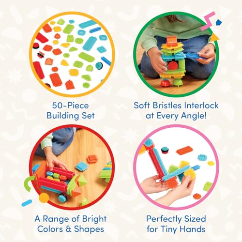 Battat Bristle Blocks Basic Builder Bucket – 50-Piece Interlocking STEM Building Set for Toddlers Age 2+