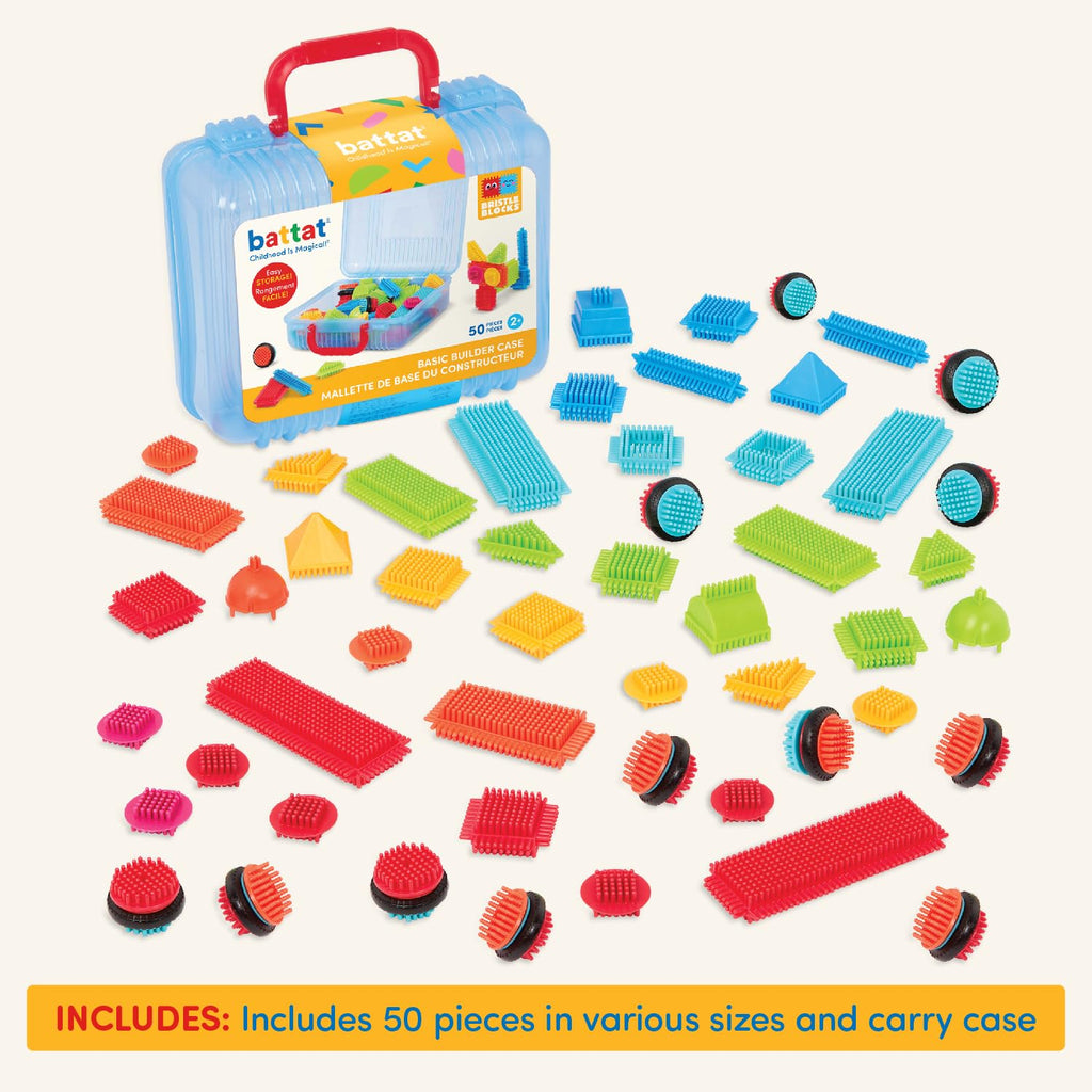 Battat Bristle Blocks Basic Builder Case – 50-Piece Interlocking Building Set with Wheels & Carry Case for Toddlers Ages 2+