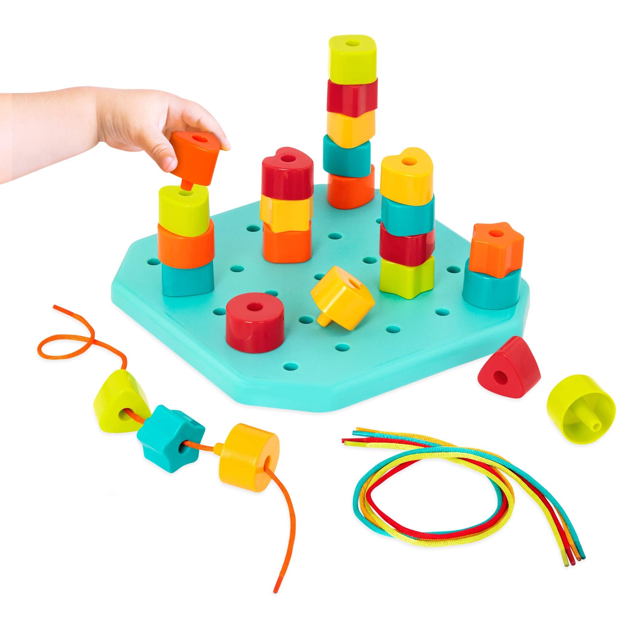 Battat Count & Match Pegboard – 25 Colored Pegs and 5 Cords for Stacking and Lacing