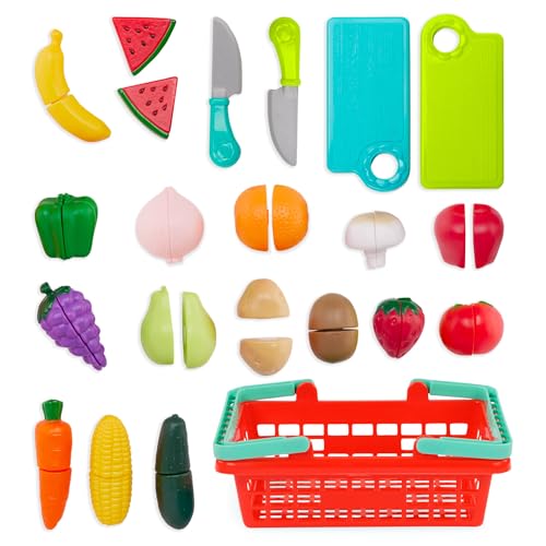 Battat Farmers Market Produce Basket – 37-Piece Pretend Play Food Set with Cutting Action for Toddlers 2+