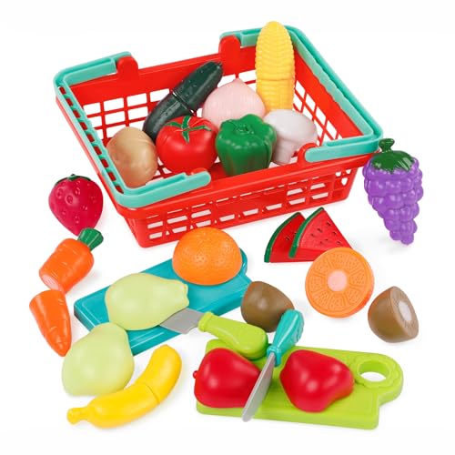 Battat Farmers Market Produce Basket – 37-Piece Pretend Play Food Set with Cutting Action for Toddlers 2+