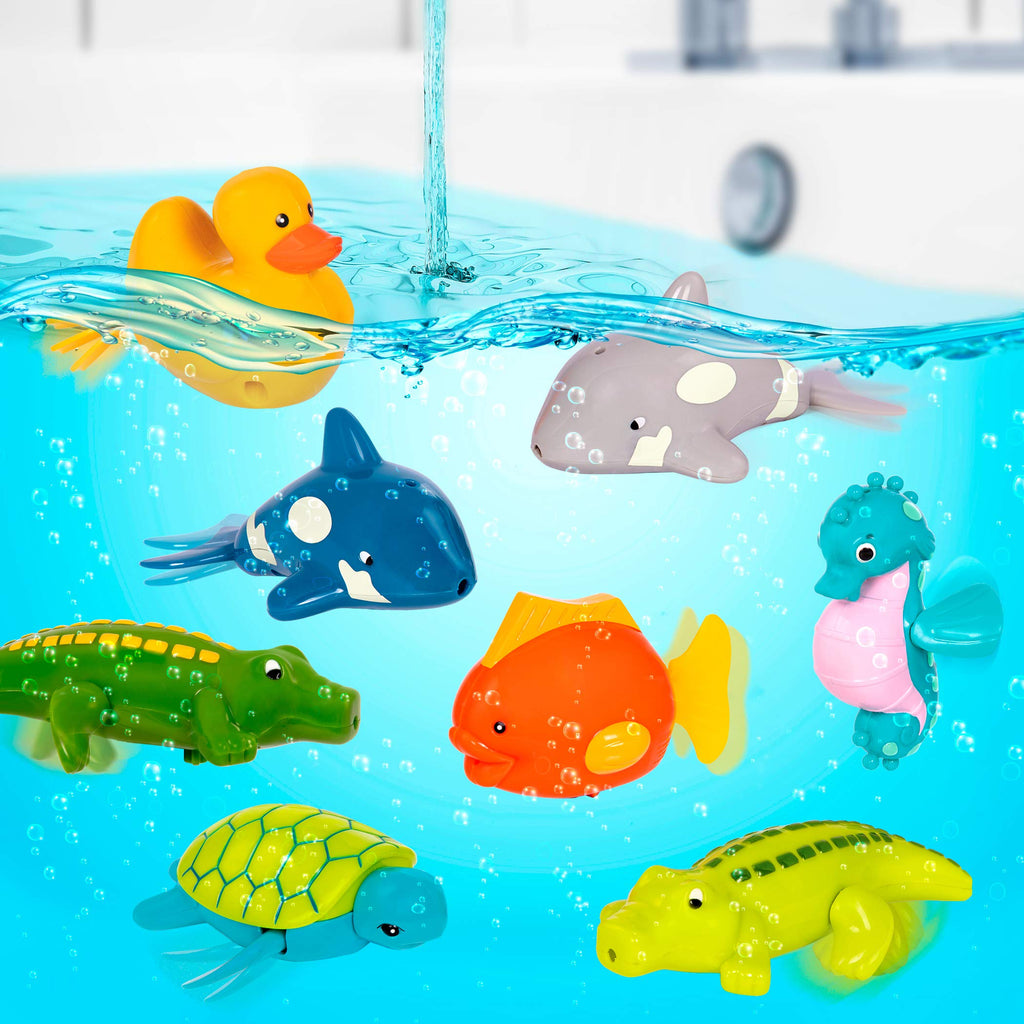 Battat Wind-Up Tubbies – 4-Pack Bath Toys That Swim and Move – Turtle, Fish, Crocodile, Whale – Ages 2+