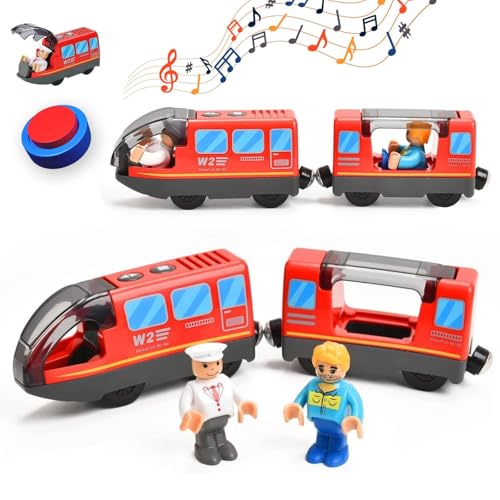 Battery Operated Electric Locomotive Train Set for Wooden Tracks - Compatible with Major Brands, Lights & Sounds, Kids Ages 3+