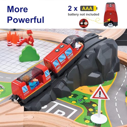 Battery Operated Electric Locomotive Train Set for Wooden Tracks - Compatible with Major Brands, Lights & Sounds, Kids Ages 3+