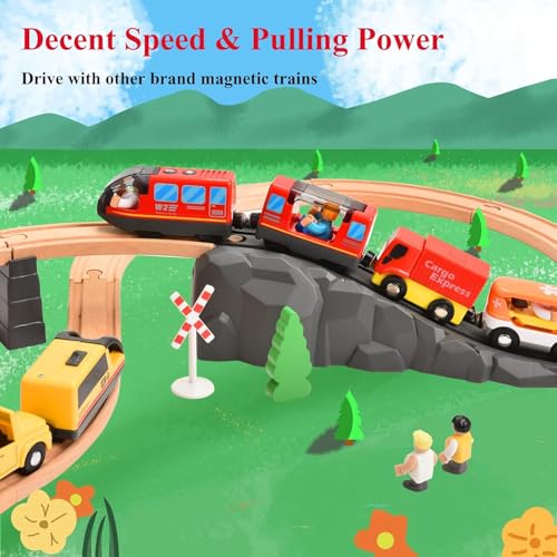 Battery Operated Electric Locomotive Train Set for Wooden Tracks - Compatible with Major Brands, Lights & Sounds, Kids Ages 3+