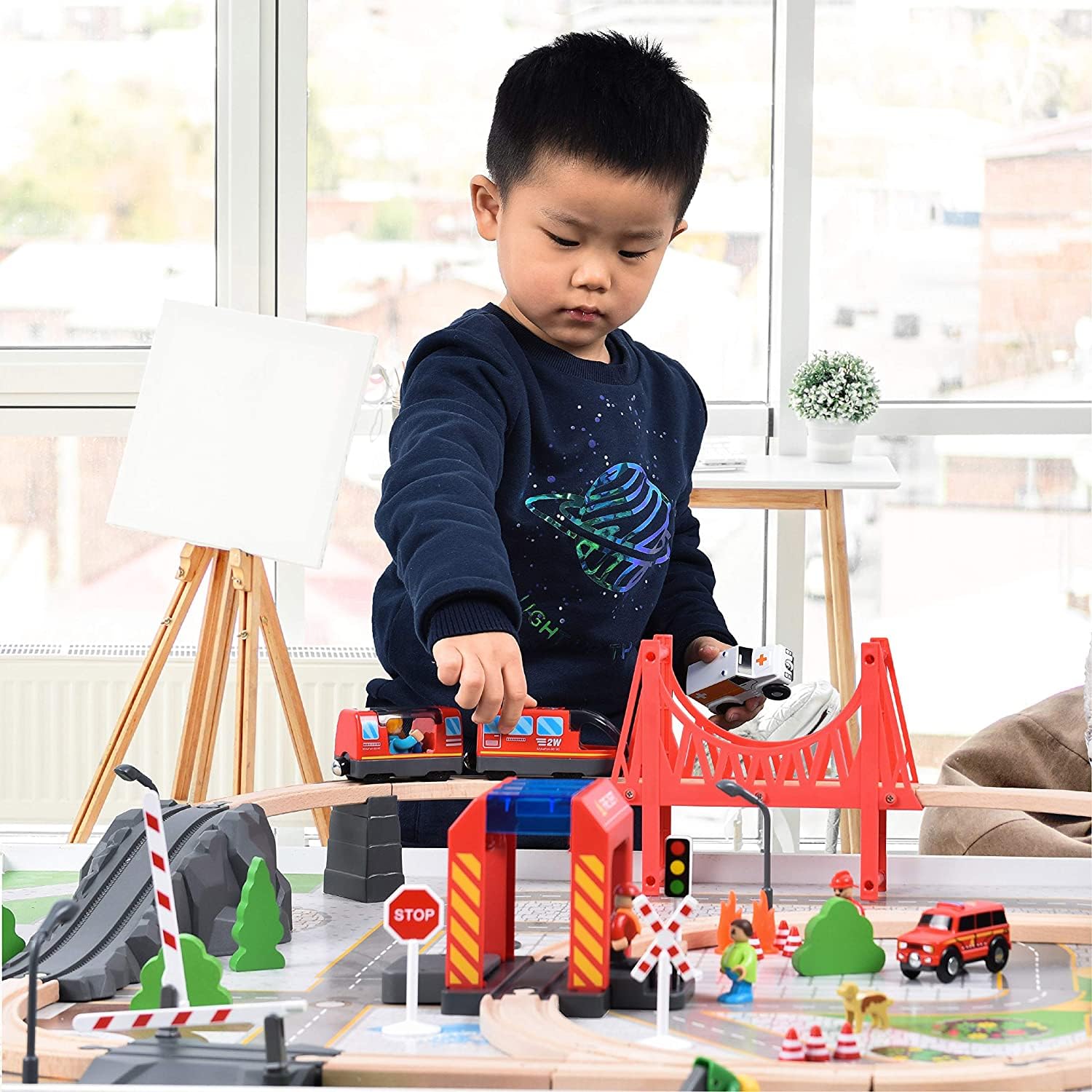 Battery Operated Electric Locomotive Train Set for Wooden Tracks - Compatible with Major Brands, Lights & Sounds, Kids Ages 3+